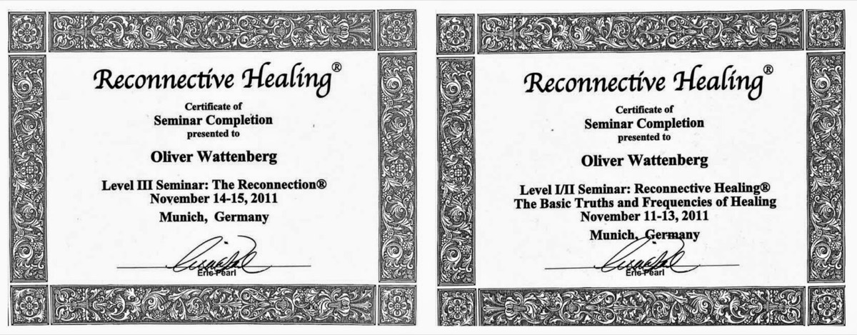 Zwei Seminarurkunden Reconnective Healing, Level I/II und Level III, ausgestellt auf Oliver Wattenberg, München 2011.