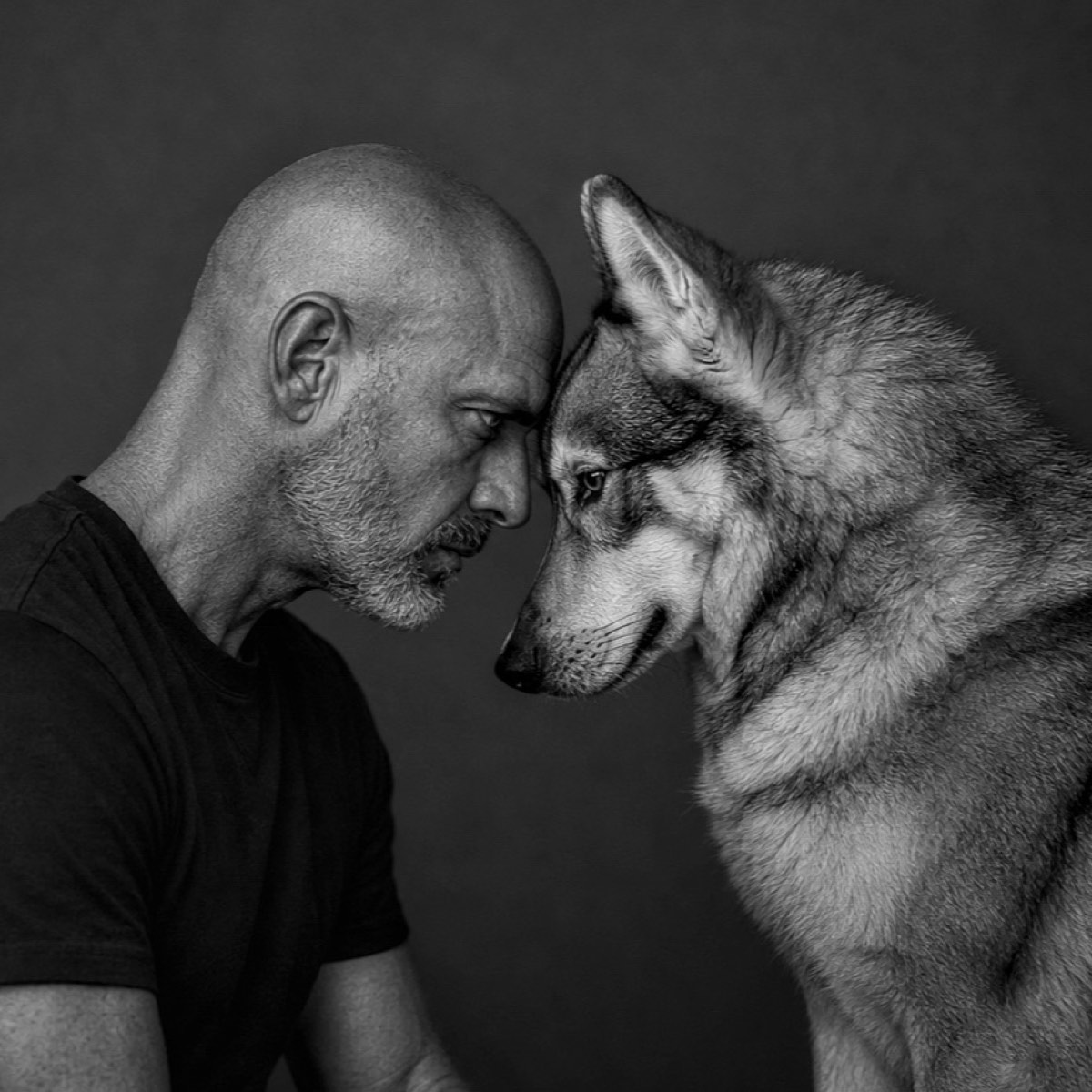 Oliver Wattenberg und sein Wolfshund berühren sich mit der Stirn, Schwarz-Weiß-Aufnahme.