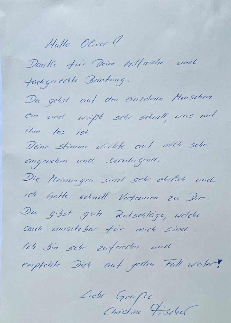 Handgeschriebener Erfahrungsbericht.