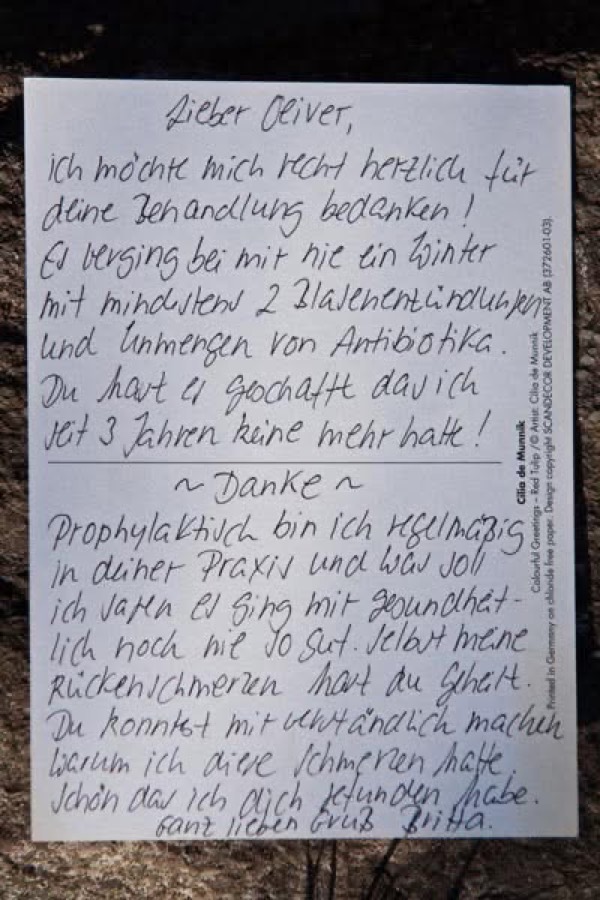 Handgeschriebener Erfahrungsbericht.