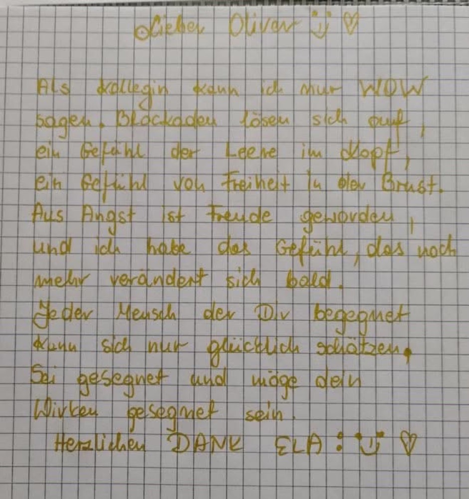 Handgeschriebener Erfahrungsbericht.