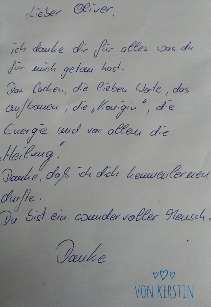 Handgeschriebener Erfahrungsbericht, Seite 1 von 2.